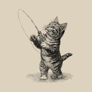Kitten Fishing Vintage Engraving T-Shirt - Funny Cat Angler Gift Tee