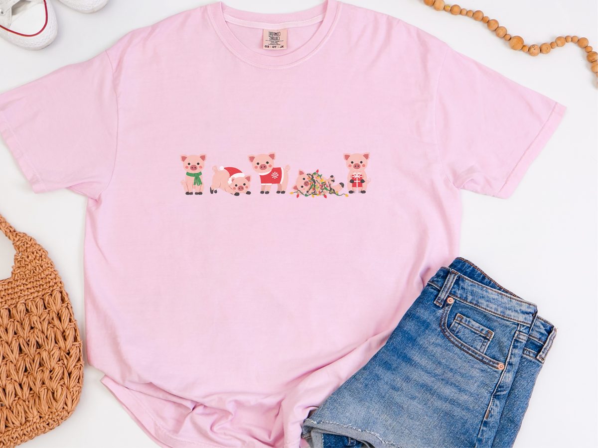 Cute Christmas Pigs Lineup T-Shirt - Funny Christmas Pig Graphic Tee