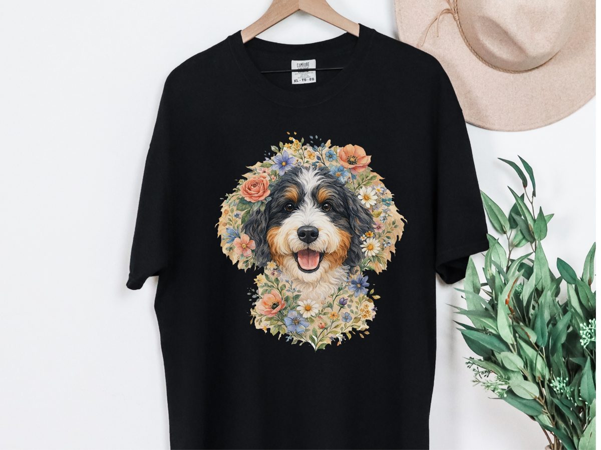 Bernedoodle Floral Crown Portrait Dog Lover Comfort Colors Tee