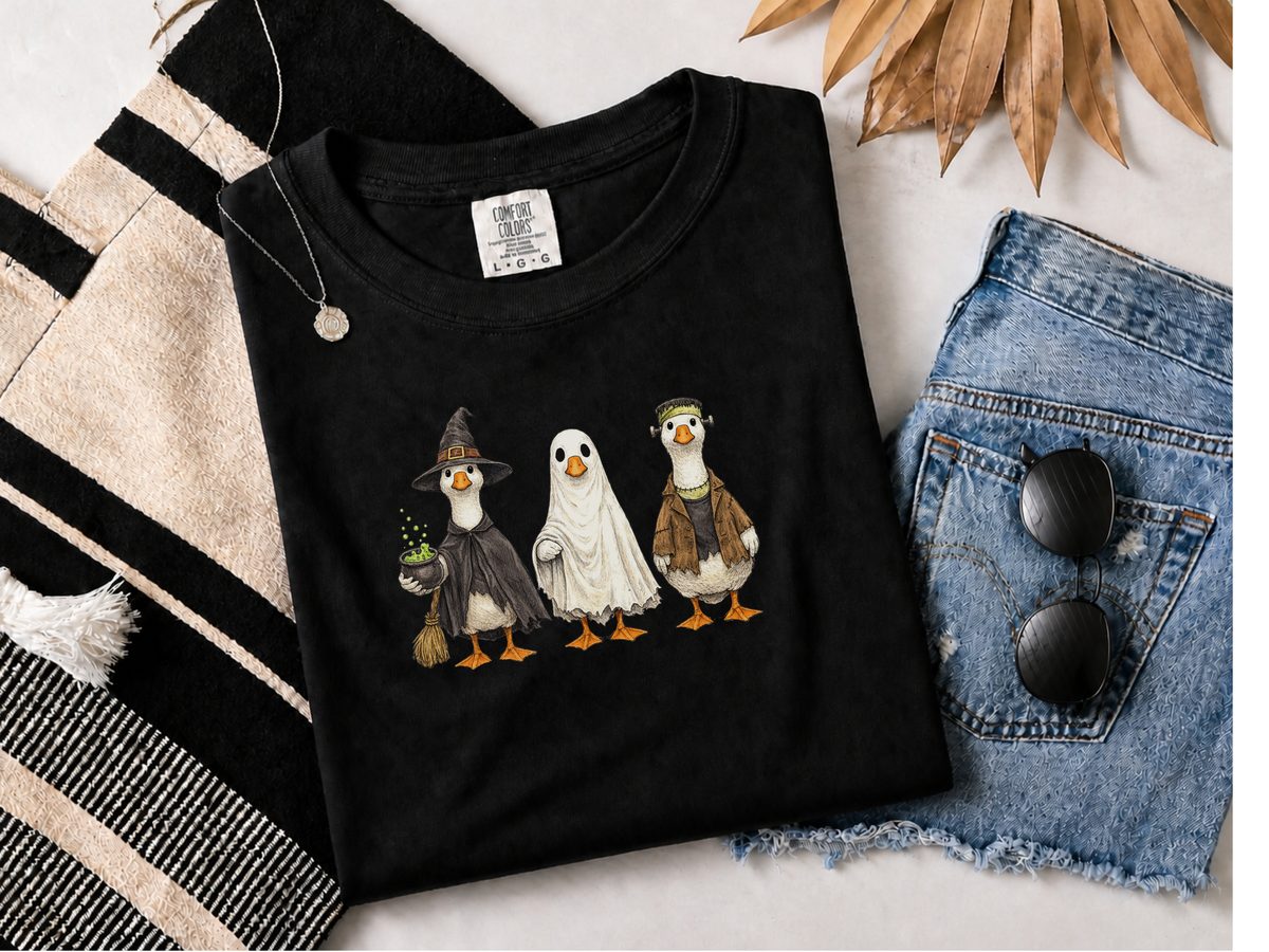 Halloween Costumed Goose Trio Witch Ghost Frankenstien T-Shirt