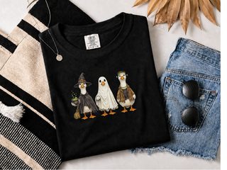 Halloween Costumed Goose Trio Witch Ghost Frankenstien funny shirt - photo 2