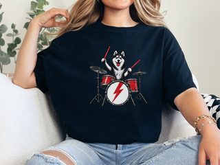 Rocking Husky Drummer Illustration doodle dog shirt - photo 3
