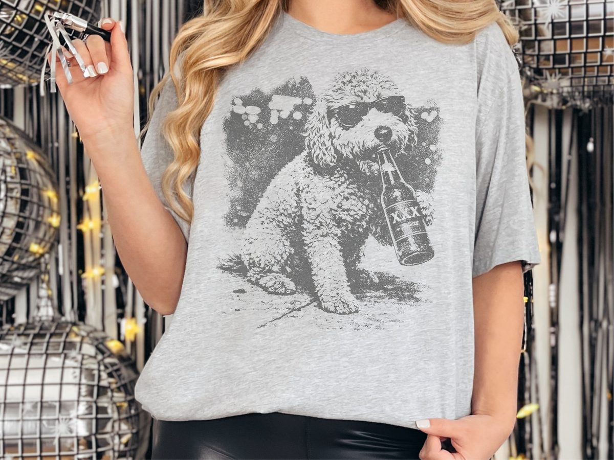 Golden Doodle Drinking Beer Funny Dog T-Shirt with Sunglasses & Beer