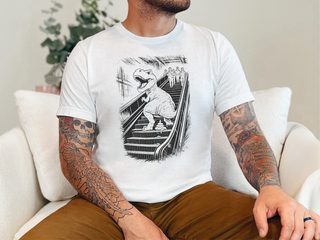 T-Rex Dinosaur Pooping On An Escalator funny shirt - photo 1