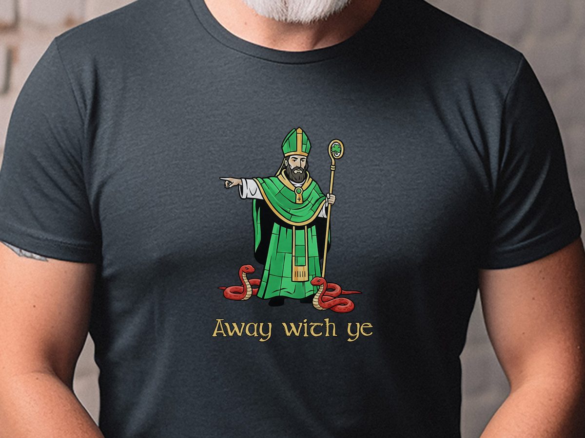 Away with ye St. Patrick Kicking Out Snakes Hand-Drawn Art Tee