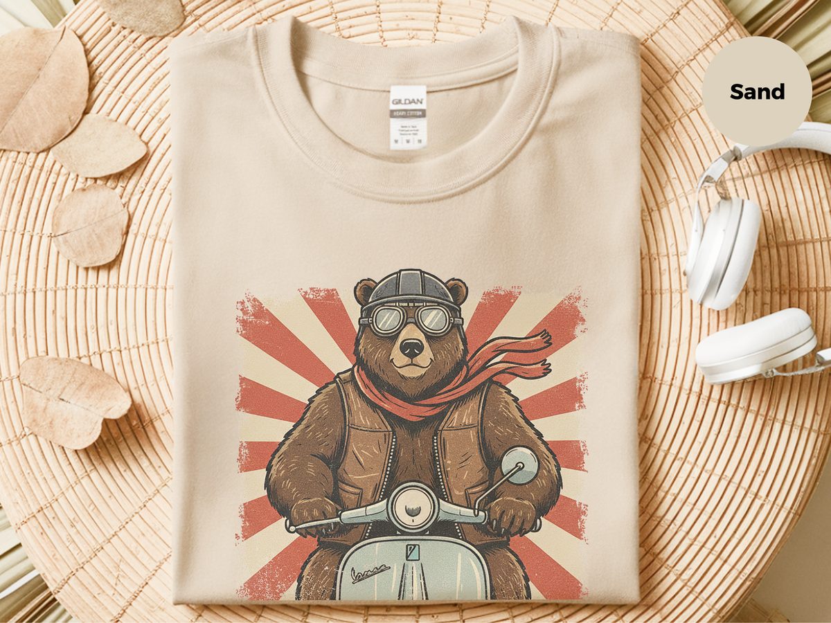 Funny Bear on Motorcycle Scooter Vintage European Street Style Tee