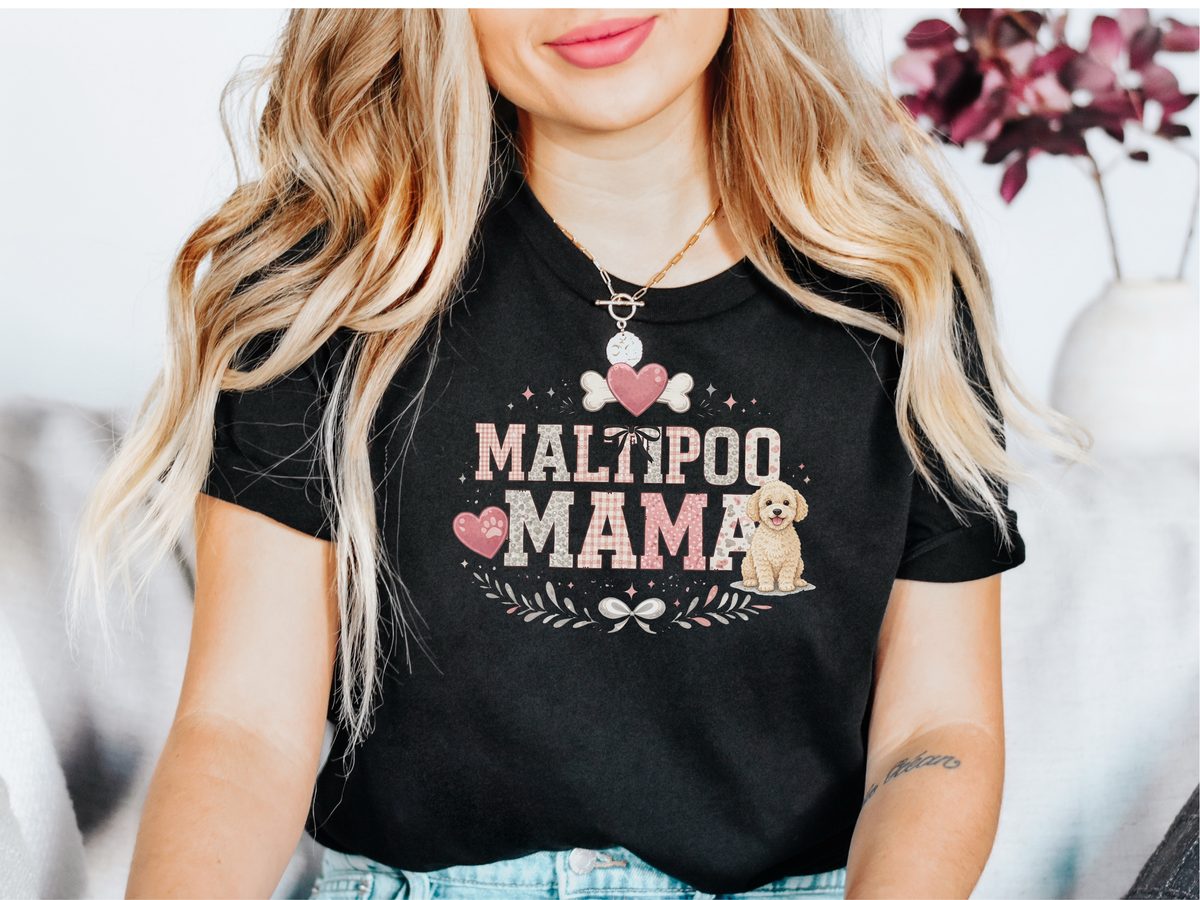 Maltipoo Mama Dog Lover Gift Pink Checkered Heart Bone Tee