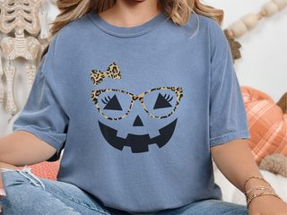 Jack O Lantern Halloween Pumpkin Face Eyelashes Leopard Glasses funny shirt - photo 6