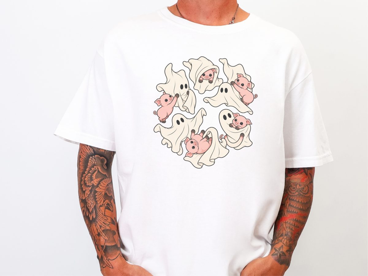 Cute Ghost Playing With Pig Spooky Season Tee Farm Animal Shirt