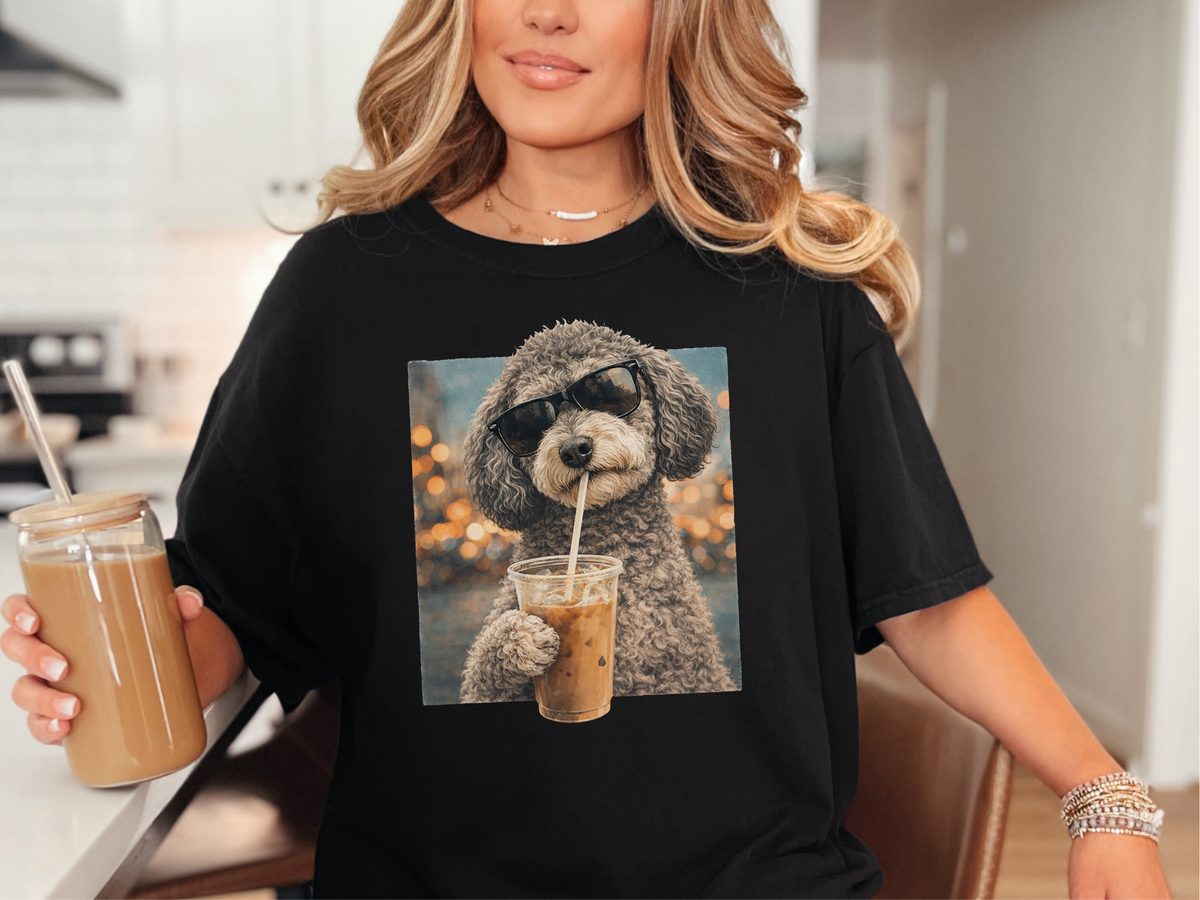 Cool Schnoodle Dog Drinking Iced Coffee Trendy Pet Lover T-Shirt