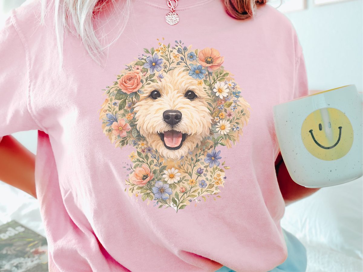 Whimsical Golden Doodle Floral Watercolor Art Print Dog Lover Gift