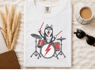 Rocking Husky Drummer Illustration doodle dog shirt - photo 1