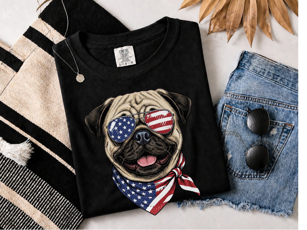 Patriotic American Flag Pug Comfort Colors Fourth of July Dog Tee