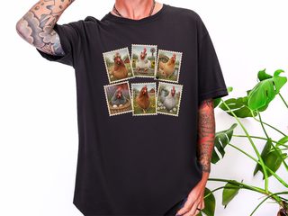 Vintage Postage Stamp Chicken Collage funny shirt - photo 4