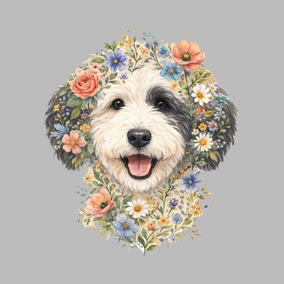 Whimsical Sheepadoodle Floral Face Dog Portrait Watercolor Painting doodle dog shirt