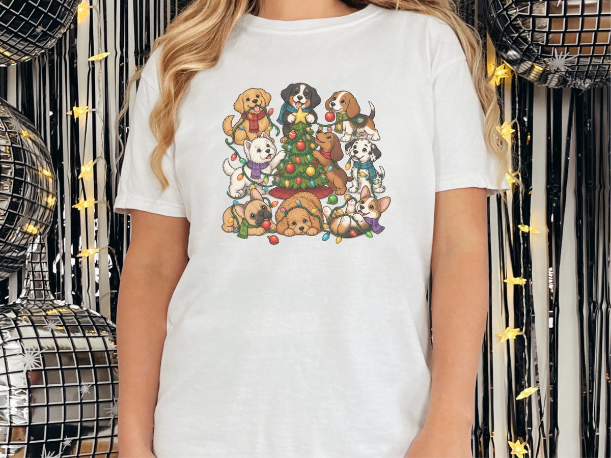 Festive Puppies Decorating Christmas Tree Dog Christmas Tree Shirt