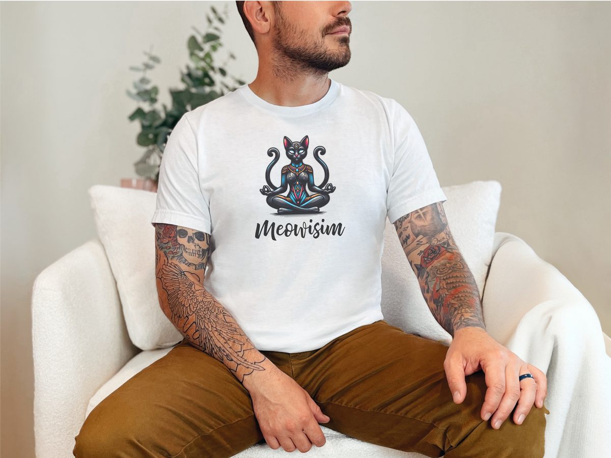 Purr Meowisim Black Two Tails Cat Tee - Mystical Feline Humor