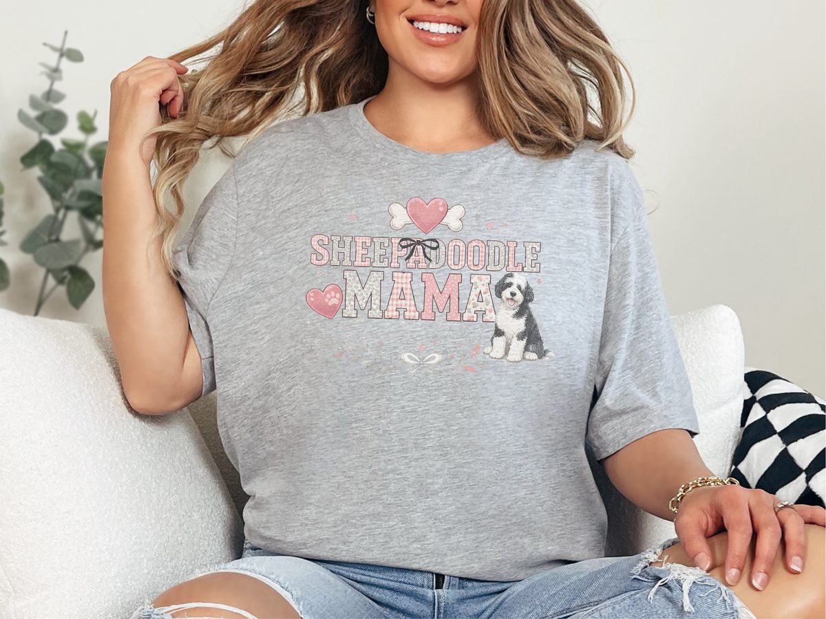 Sheepadoodle Mama Dog Lover Pink Paw Bone Happy Poppy T-Shirt