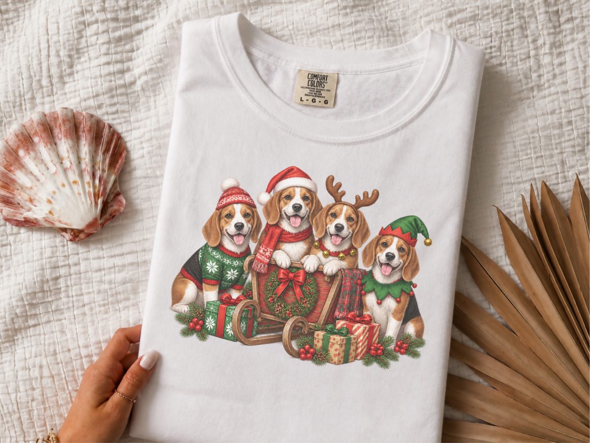 Four Beagles Christmas Sleigh Santa Dog Shirt for Beagle Lovers