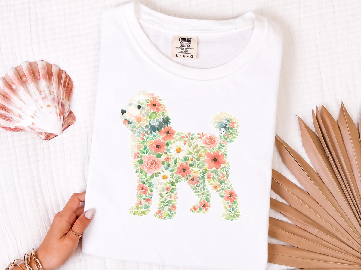 Floral Sheepadoodle Silhouette Art T-Shirt for Dog Lovers & Pet Owners