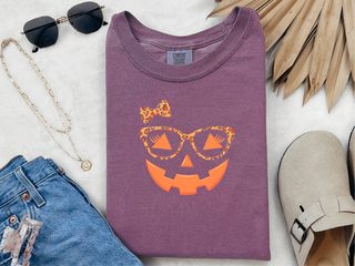 Jack O Lantern Halloween Pumpkin Face Eyelashes Leopard Glasses funny shirt - photo 5
