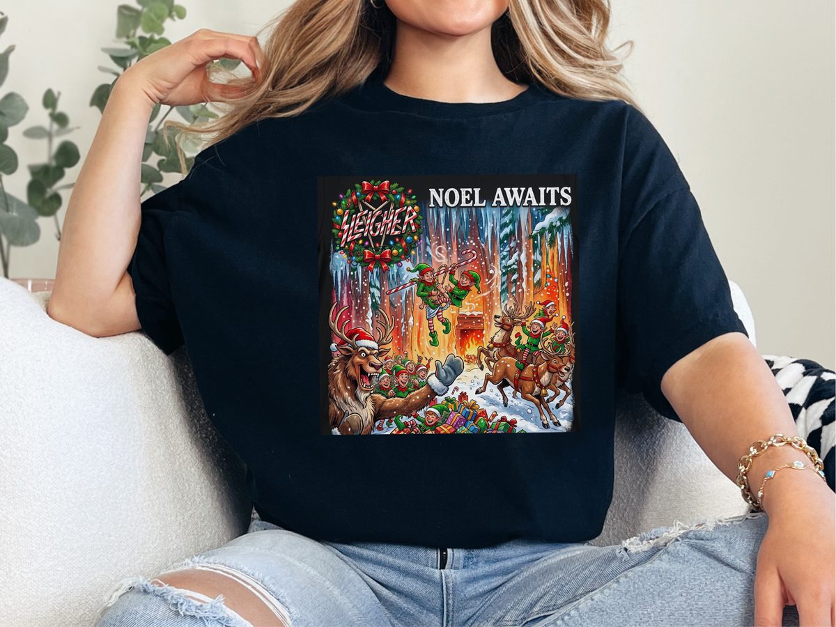 Sleigher Noel Awaits Reindeer Chaos Metal Christmas Shirt