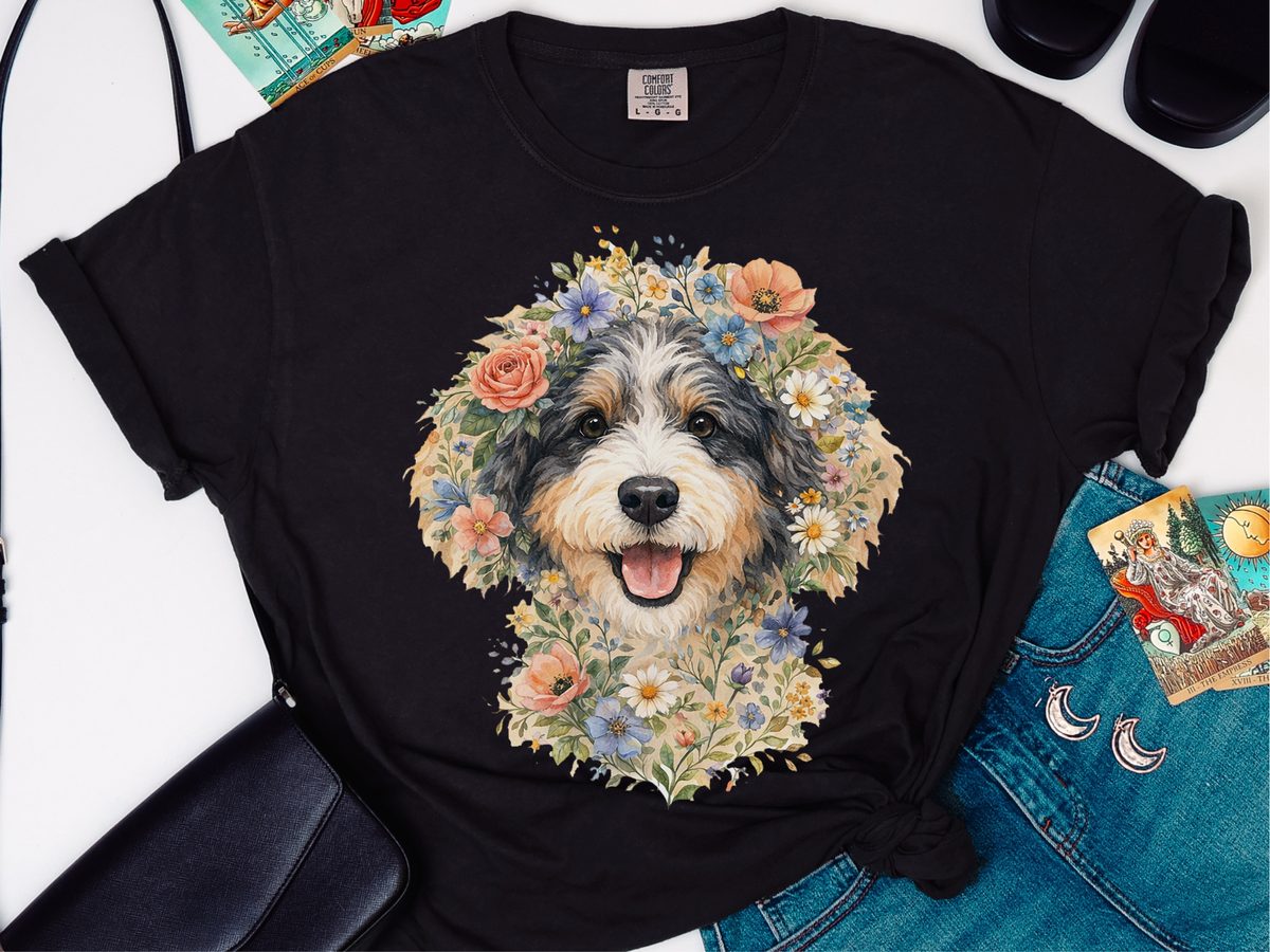 Comfort Colors Aussiedoodle Floral Portrait Watercolor Dog Lover Tee