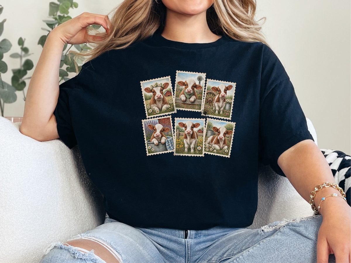 Vintage Postage Stamp Cows Shirt - Rustic Farm Girl Cow Lover Tee