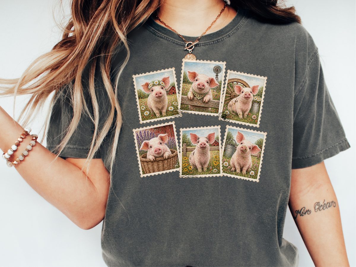 Cute Farm Pig Postage Stamps Comfort Colors 1717 Garment-Dyed Tee