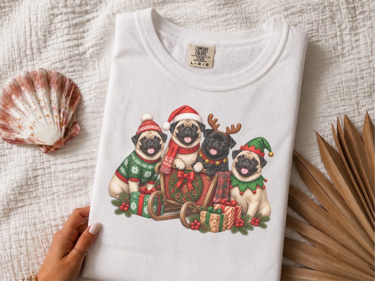 Christmas Pugs Sleigh Group Funny Pug Shirt Holiday Dog Graphic