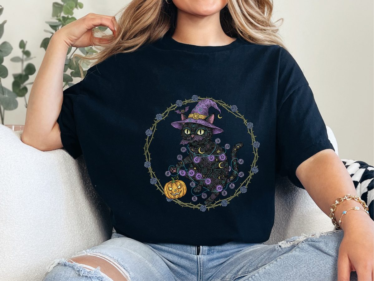 Black Cat Witch Hat Comfort Colors Witchy Cat Print Spooky Halloween Tee