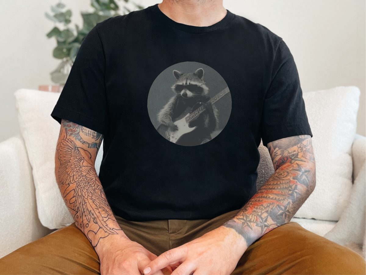 Rockstar Raccoon Electric Guitar Tee. Funny Trash Panda Shredding
