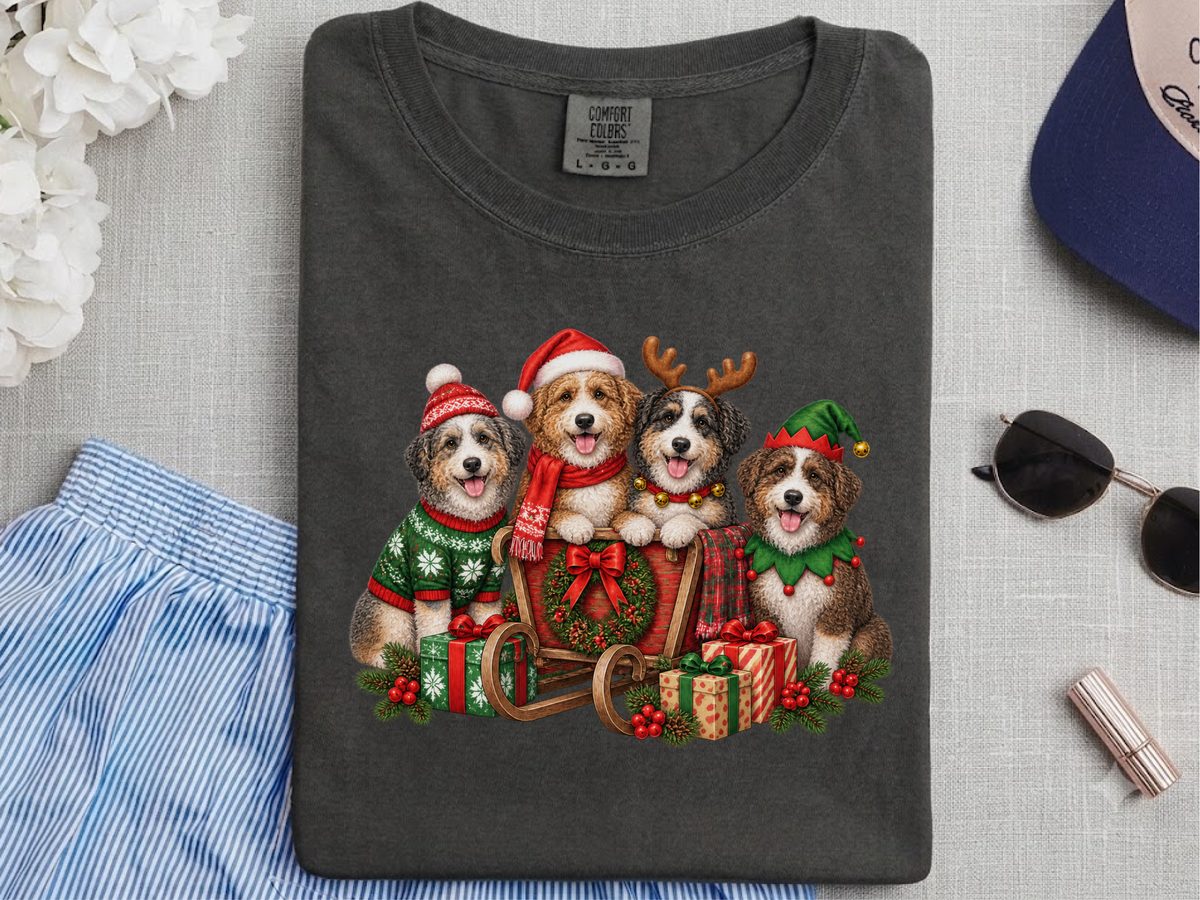 Christmas Aussiedoodle Sleigh Group Santa Dog Shirt Holiday Dog Tee