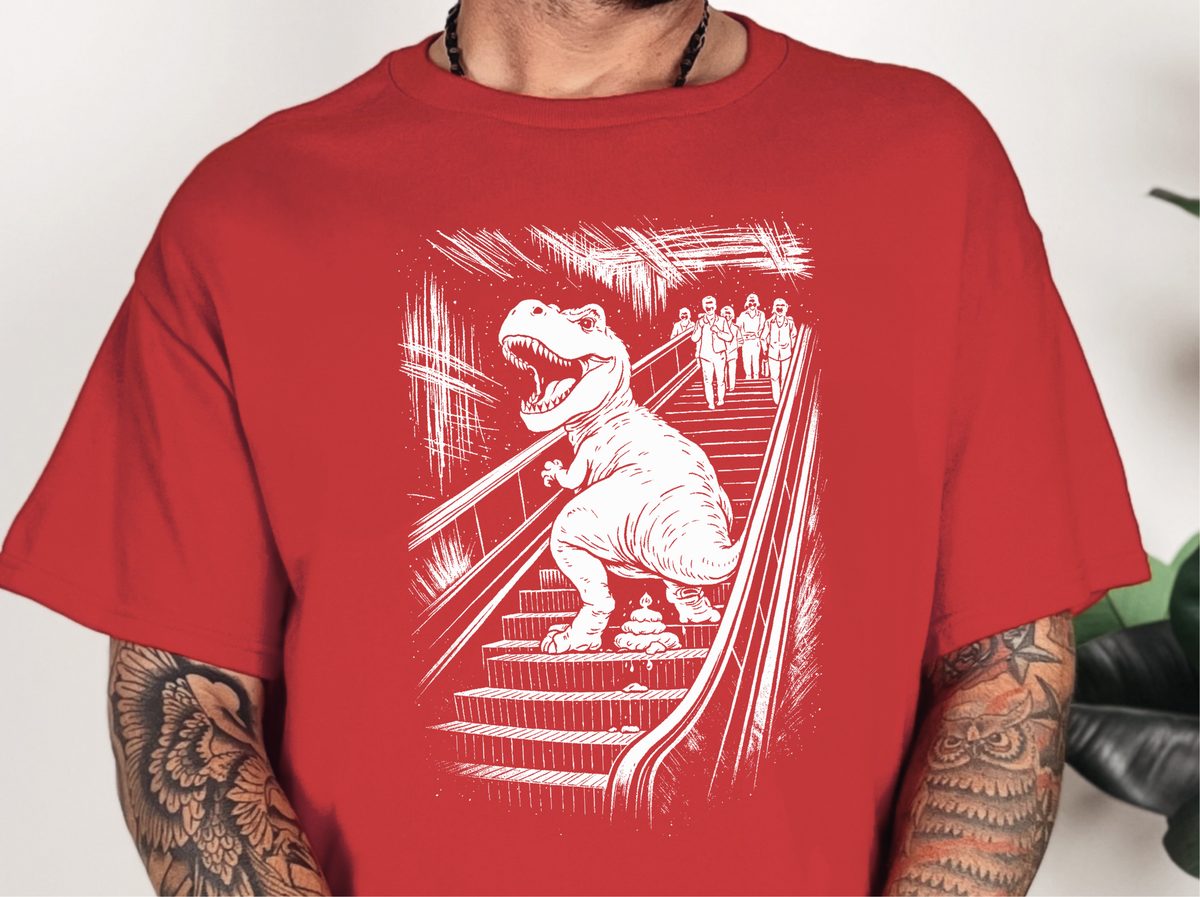 T-Rex Dinosaur Pooping Escalator Urban Chaos Funny T-Shirt Design