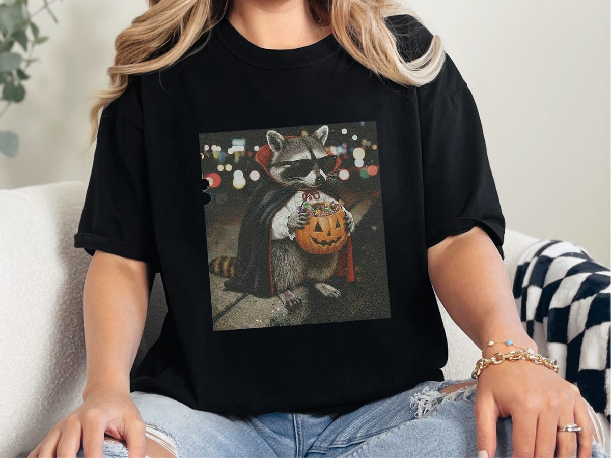 Comfort Colors Raccoon Dracula Halloween Candy Bucket Tee - Spooky Trick or Treat Shirt