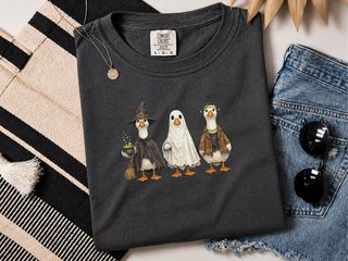 Halloween Costumed Goose Trio Witch Ghost Frankenstien funny shirt - photo 3