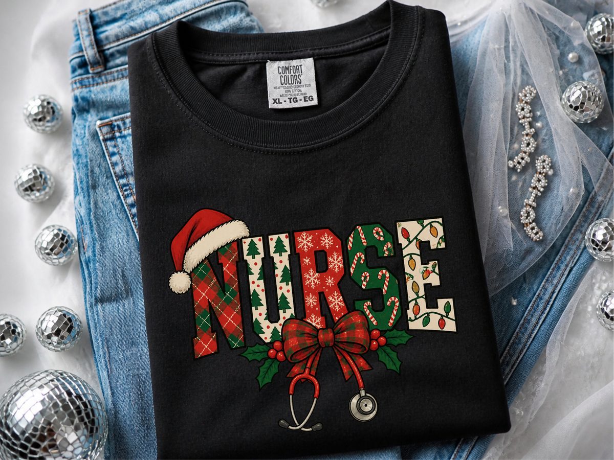 Funny Nurse Christmas Shirt - Christmas Nurse Santa Hat Stethoscope