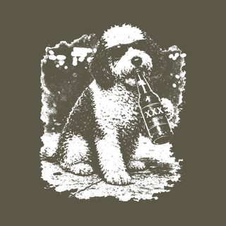 Sheepadoodle Drinking Beer Black & White Urban Dog Art T-Shirt