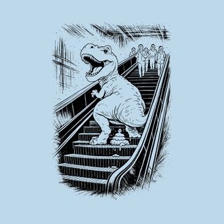 T-Rex Dinosaur Pooping Escalator Urban Chaos Funny T-Shirt Design