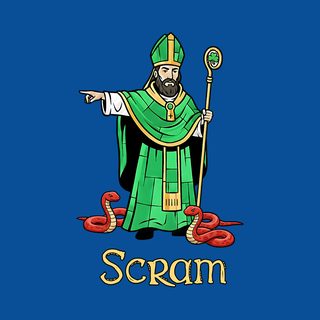 Scram St. Patrick Kicking Out Snakes Hand-Drawn Irish Humor Tee