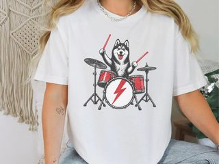 Rocking Husky Drummer Illustration doodle dog shirt - photo 2