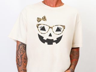 Jack O Lantern Halloween Pumpkin Face Eyelashes Leopard Glasses funny shirt - photo 8