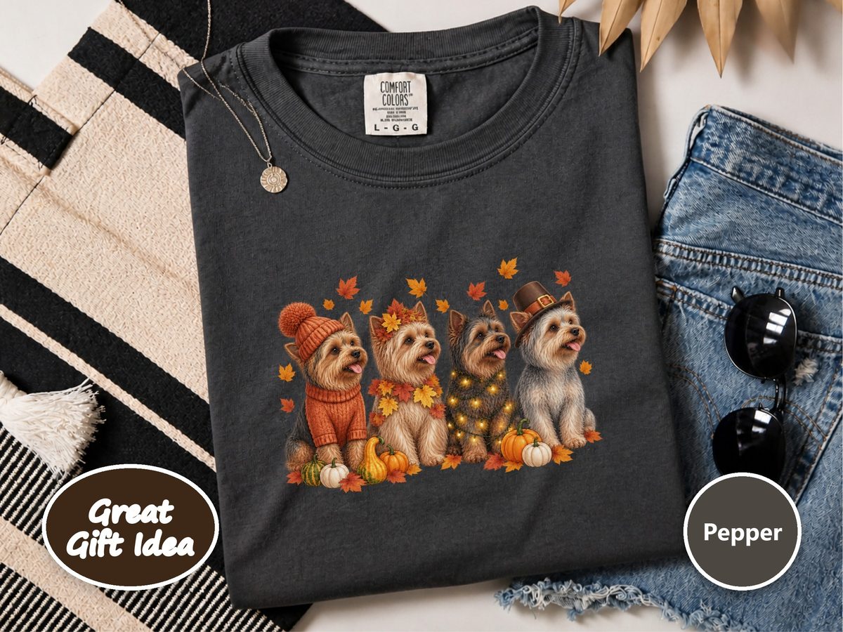 Four Yorkie Autumn Lineup Pumpkin Dog Shirt and Yorkie Mom Tee