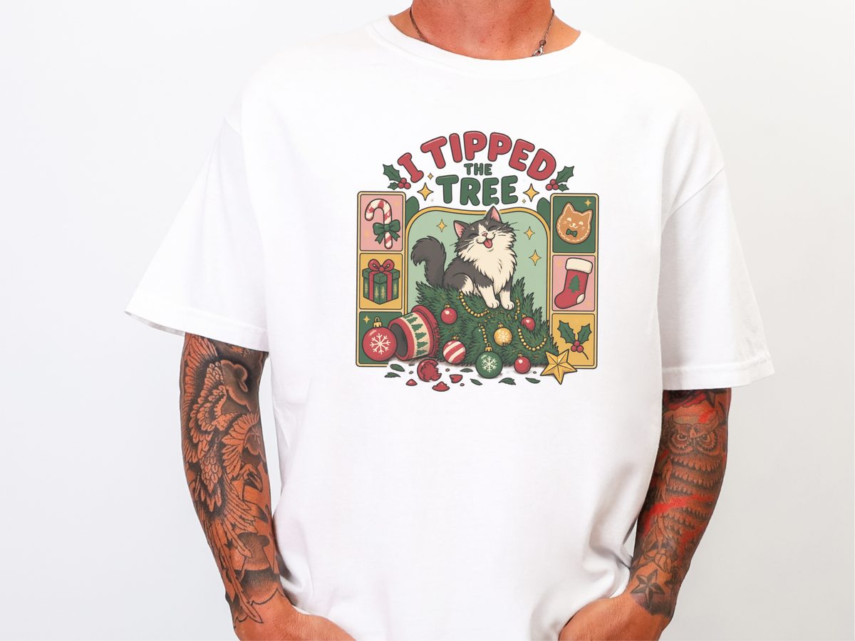 Cat Tipped Christmas Tree Graphic Tee Cat Mom Christmas Shirt
