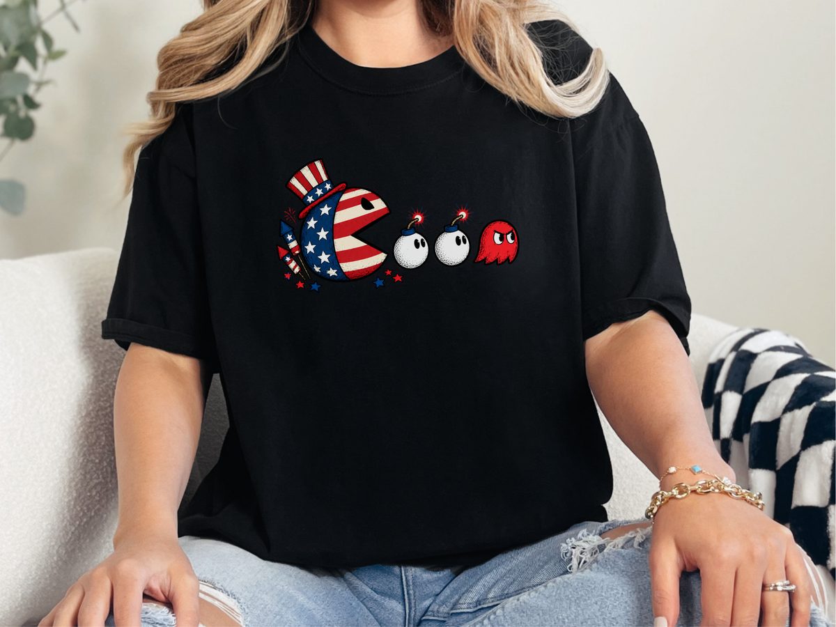 Patriotic Arcade Hero Chasing Lit Bombs Retro Video Game July 4th Shirt