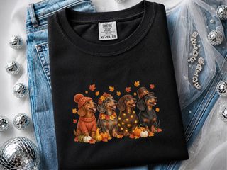 Four Dachshunds Autumn Pumpkins doodle dog shirt - photo 2
