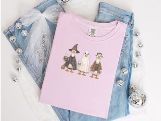 Halloween Costumed Goose Trio Witch Ghost Frankenstien funny shirt - photo 4