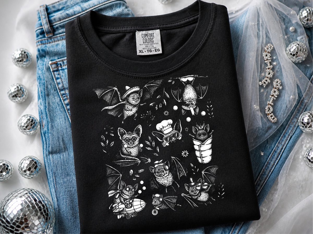 Comfort Colors Bat Cartoon Adventures Tee: Cute Whimsical Halloween Shirt