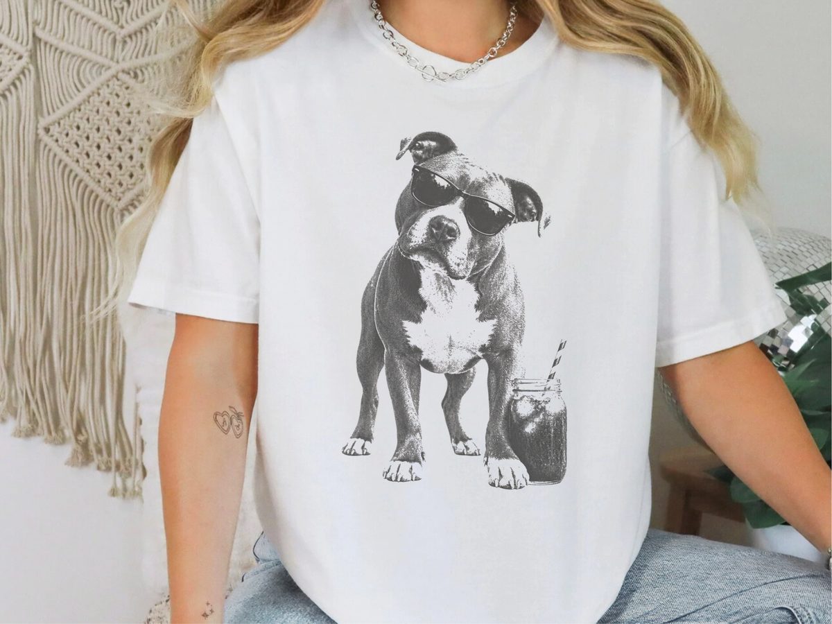 Cool Pitbull Sunglasses Summer Drink Vintage Dog Tee