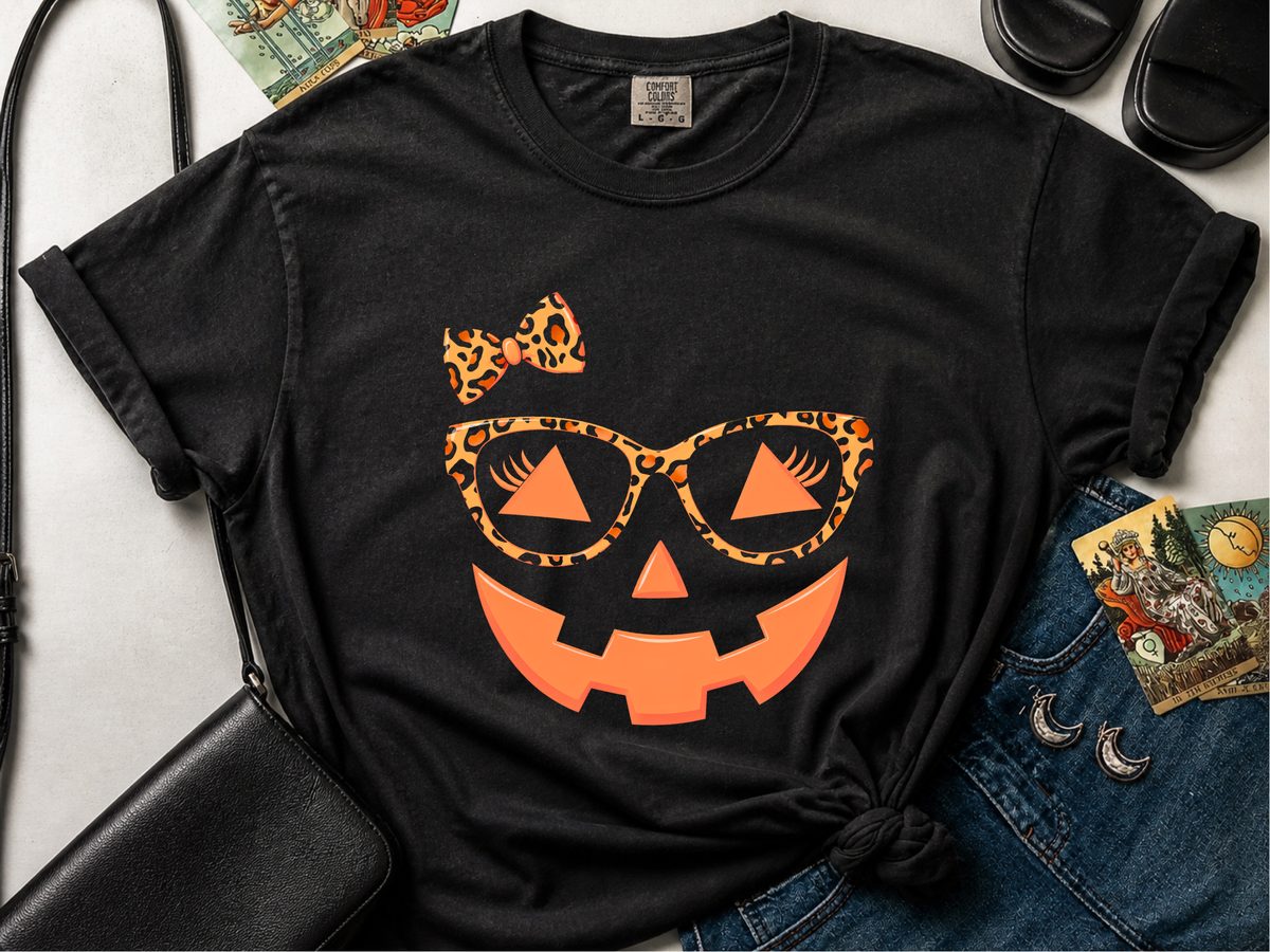 Jack O Lantern Halloween Pumpkin Face Eyelashes Leopard Glasses Shirt
